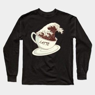 Dramabite The Great Wave of Cafe Latte Coffee Long Sleeve T-Shirt